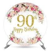 Lofaris Pink Floral Glitter Round 90th Birthday Backdrop